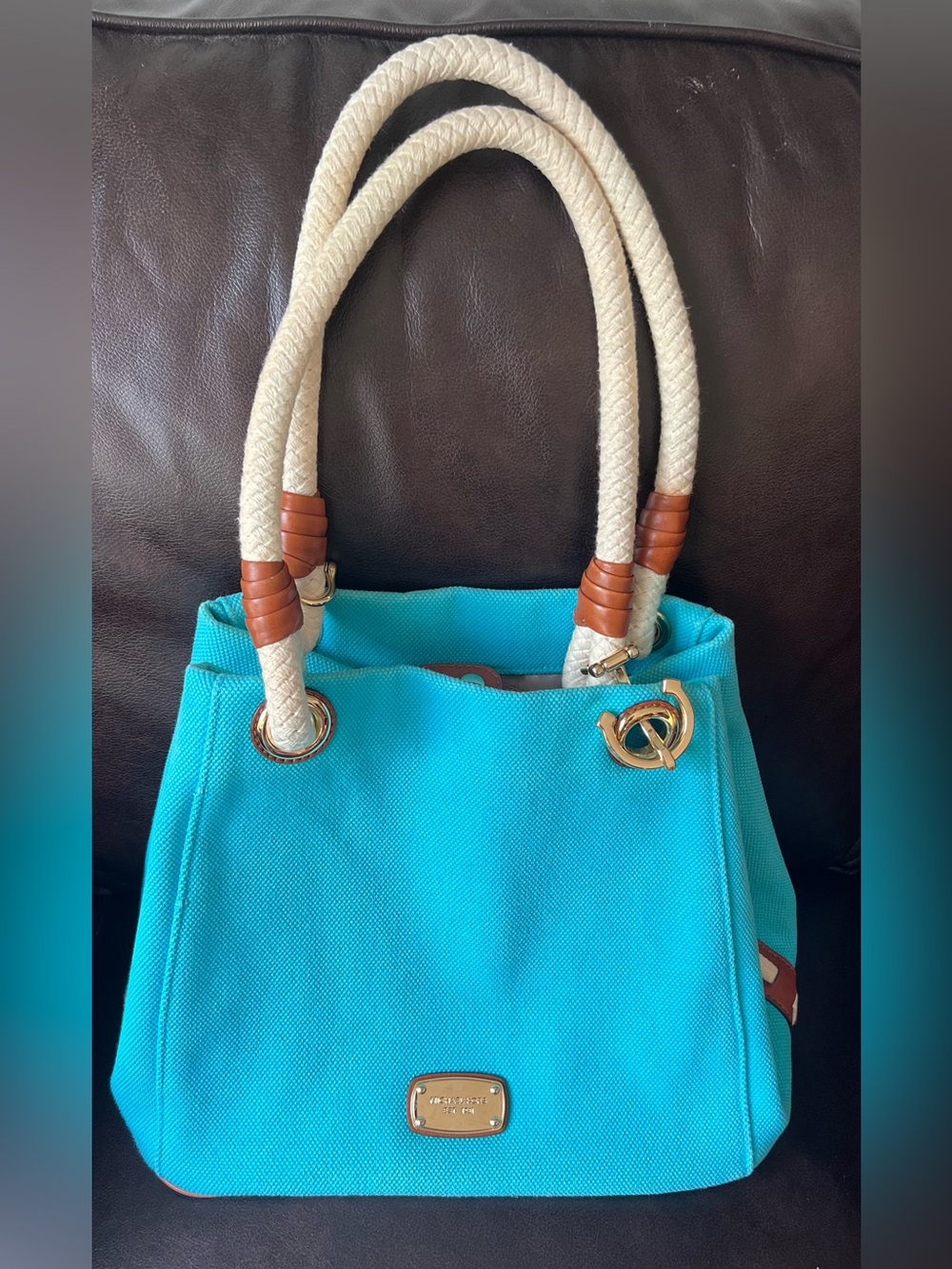 Michael Kors Marina Tote Bag In Summer Blue Canvas w/Nautical Rope Women’s Bags